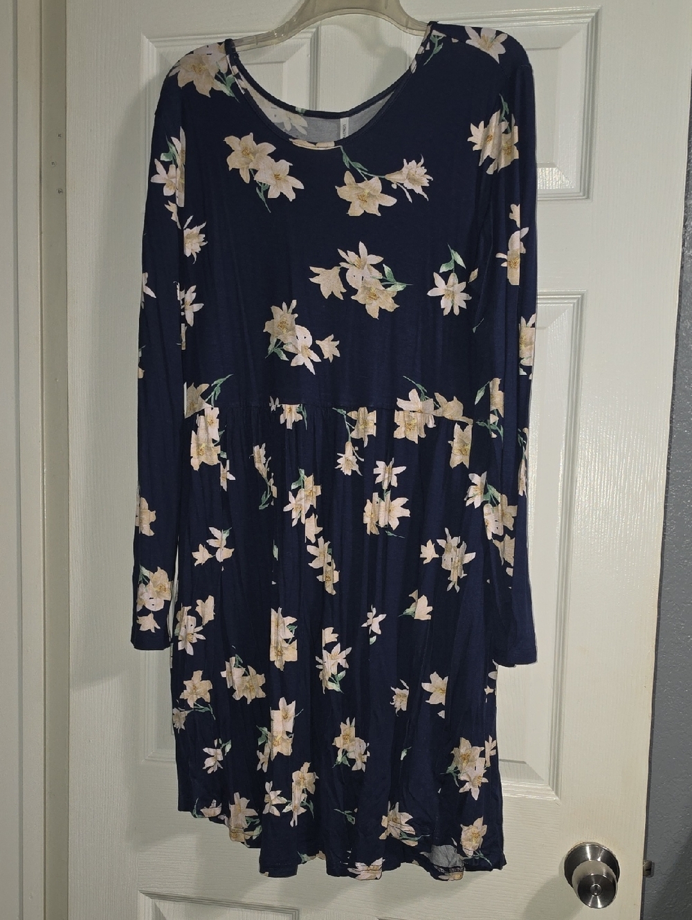 Navy Floral Long-Sleeve Scoop-Neck Swing Dress
